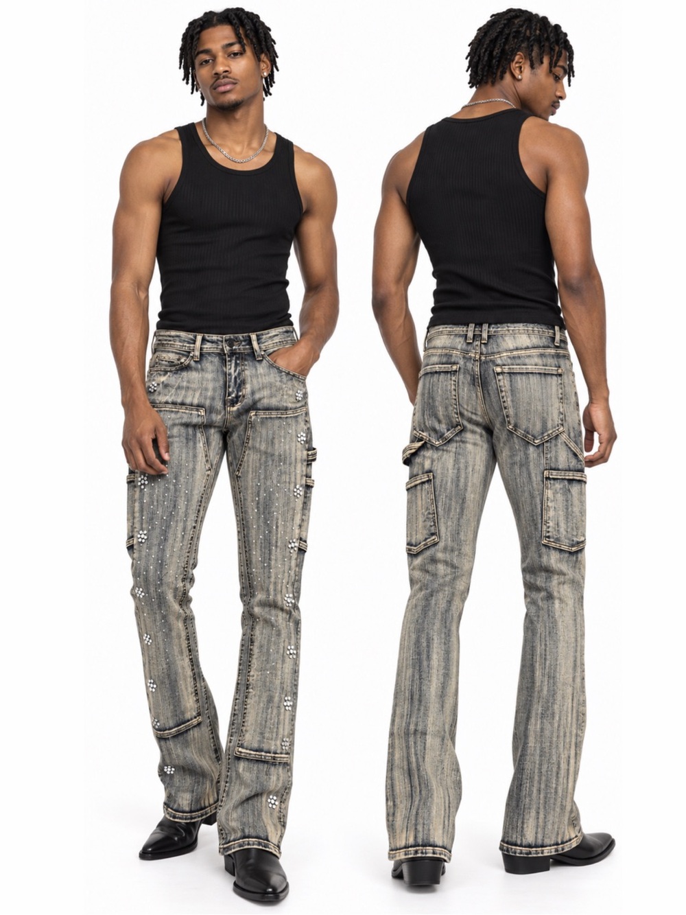 Kindred Rhinestone Cargo Flare Jeans, Mud Blue, NWT